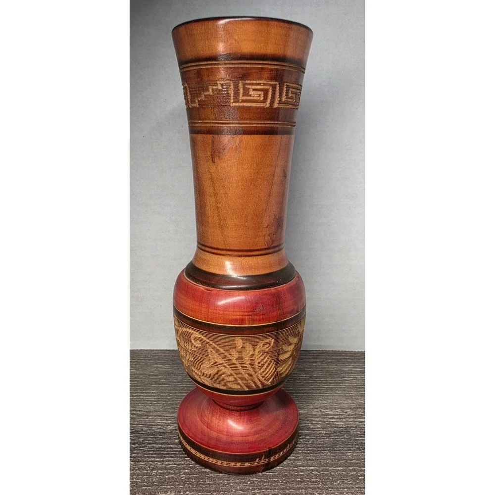 Vintage Hand Carved Wooden Bud Vase Floral‎ Etched Two Tone Brown Red 8
